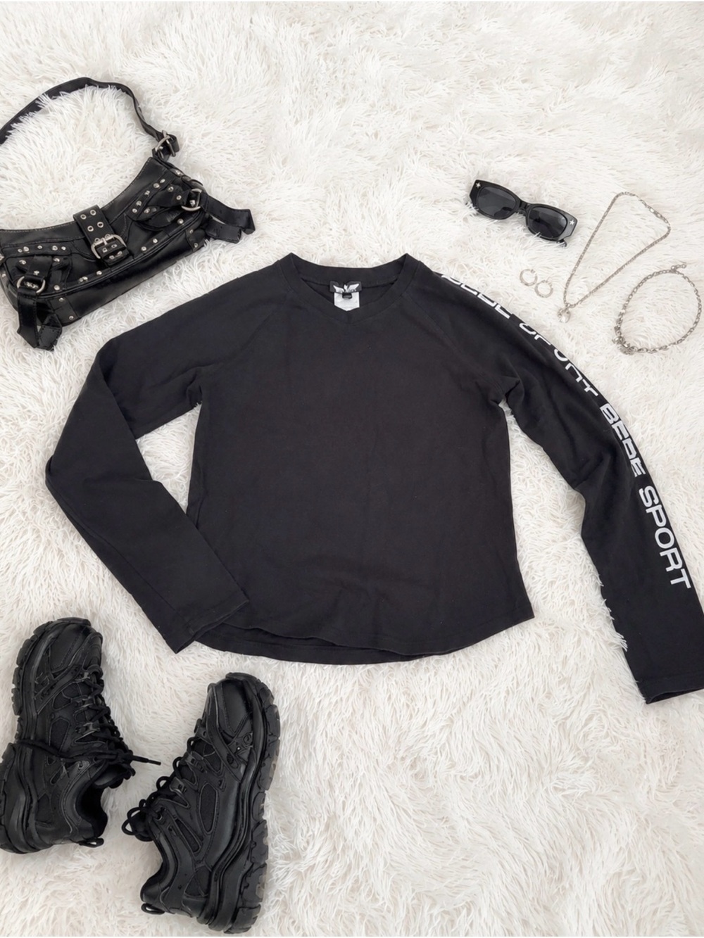 Bebe Sport Black V-Neck Long Sleeve Tee with White Sleeve Logo